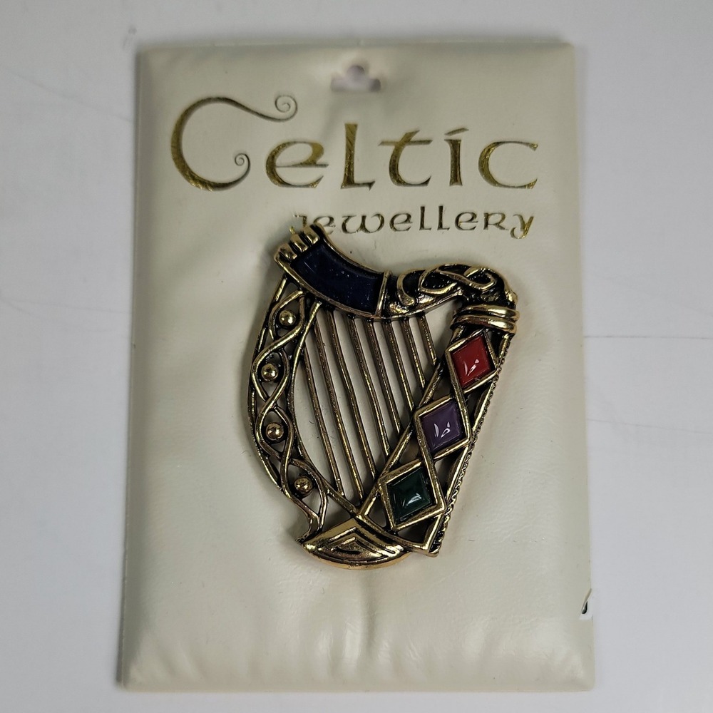 Solvar Celtic Jewellery Irish Harp Brooch Pin Gold Tone Enamel S.1703/G Ireland